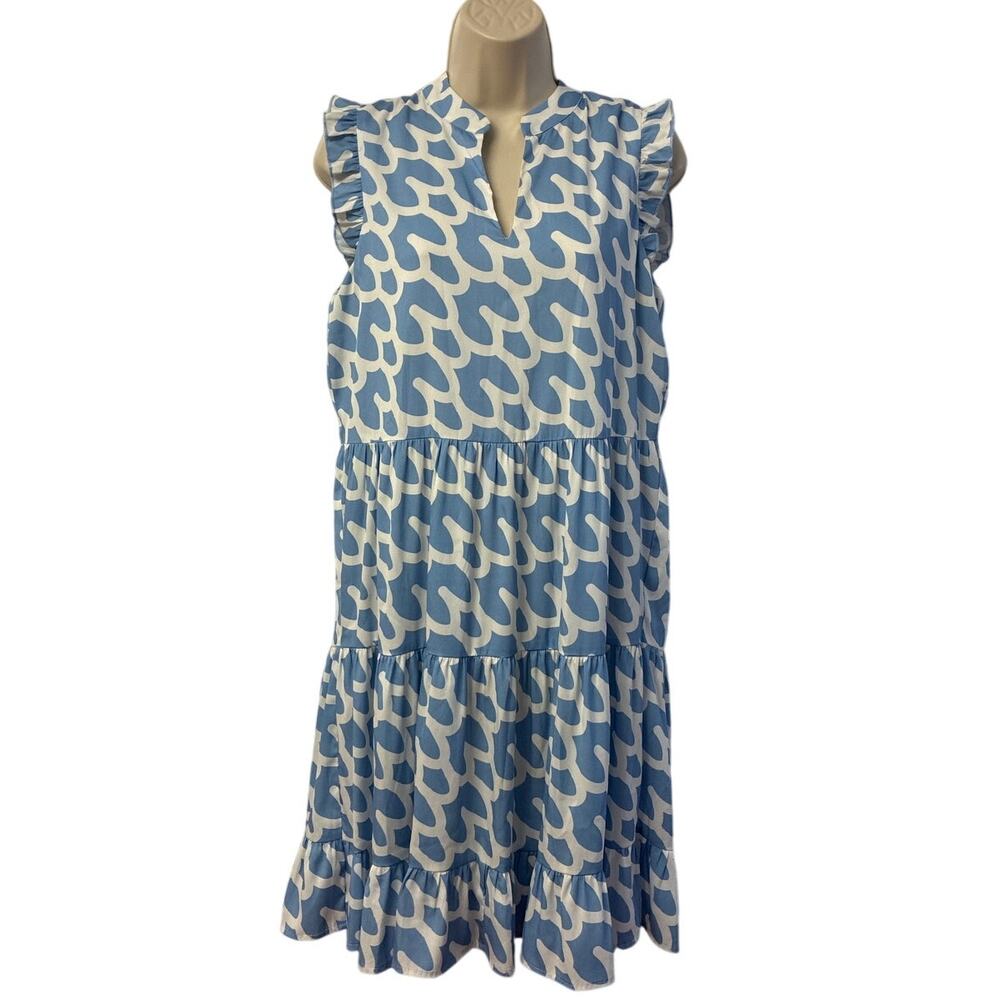 Blue and Cream Print Summer‎ Sleeveless Dress Size S